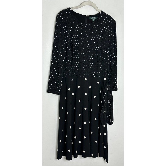 Lauren Ralph Lauren Black Polka Dot Long Sleeve Belted Stretch Dress Sz 12 - Picture 2 of 6